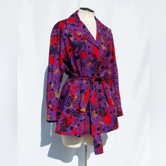 YVES Saint Laurent Vintage 1990s Purple Red Abstract Belted Shirt Jacket Dress - Picture 4 of 11